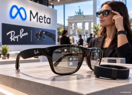 Meta Ray-Ban Smart-Brille mit integriertem Display und Neural Band auf einem Pr&auml;sentationstisch. Im Hintergrund tr&auml;gt eine Frau die Brille in einem modernen Showroom in Berlin.